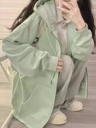 Solid Color Hooded Sweatshirt for Women, Spring and Autumn Oversize Thin Jacket, Chic Loose Lazy Style Zip-Up Cardigan Top