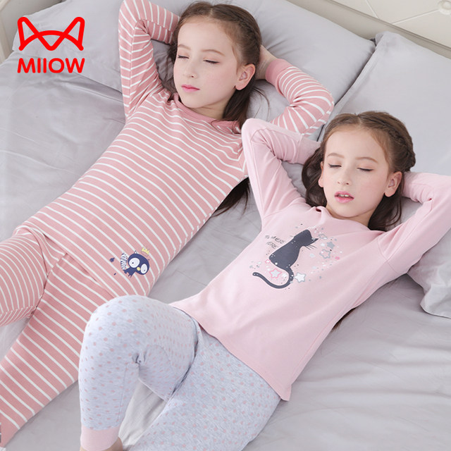 Cat man girl autumn clothes and autumn pants suit pure cotton children's underwear big children teenager full cotton thread clothes and pants girls pajamas