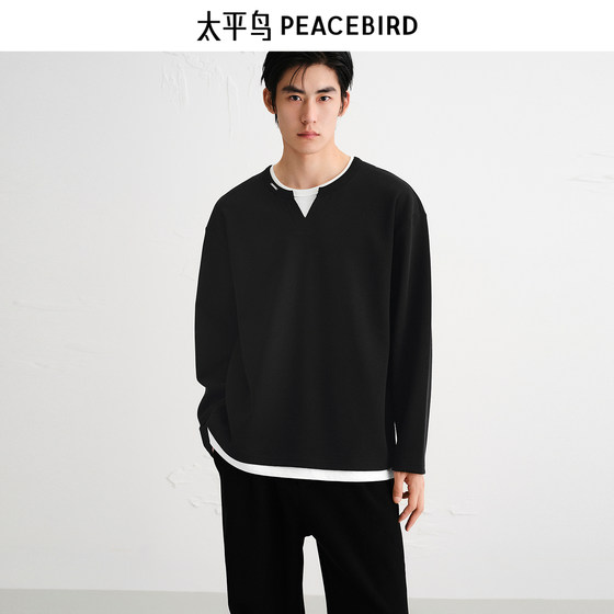
PEACEBIRD Men's T-shirt Spring and Autumn Henry Collar Heavy Long Sleeve Shirt Wide Version Fake Two-piece Loose Bottoming Shirt