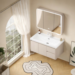 Cream-Colored Wall-Mounted Honeycomb Aluminum Bathroom Cabinet Set with Integrated Ceramic Basin, Bathroom Sink, Hand-Washing Basin