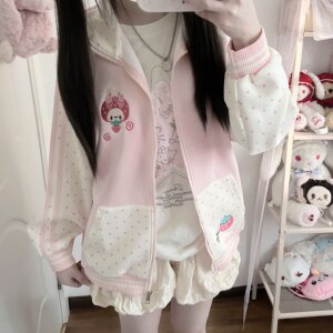 
Strawberry Bear homemade Japanese cute soft girl autumn new long-sleeved color-blocked strawberry polka dot home sports coat