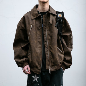 Maillard retro leather jacket men's trendy brand handsome double zipper stand collar jacket loose versatile windproof motorcycle suit