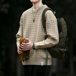 Retro round neck sweater men's autumn and winter new loose and thick plaid knitted shirt couples all -match casual outer jacket
