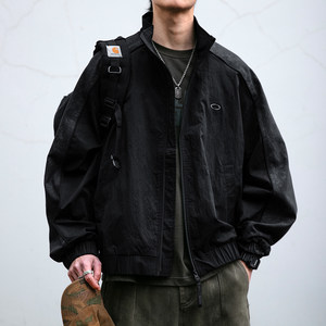 
[Light Luxury Sports] American trendy brand spliced stand-up collar textured jacket for men in spring new loose casual jacket
