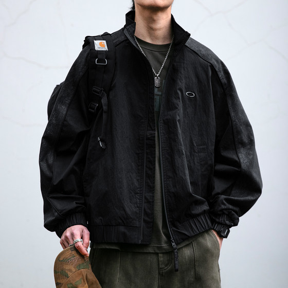 
[Light Luxury Sports] American trendy brand spliced stand-up collar textured jacket for men in spring new loose casual jacket