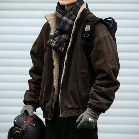 Japanese retro Maillard stand collar lamb ferment cotton jacket for men in winter fashion brand loose couple thickened warm cotton jacket trendy