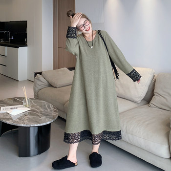 
Yuanzi's large-size autumn lace splicing fat mm long skirt to make you look slim and loose and fashionable versatile dress