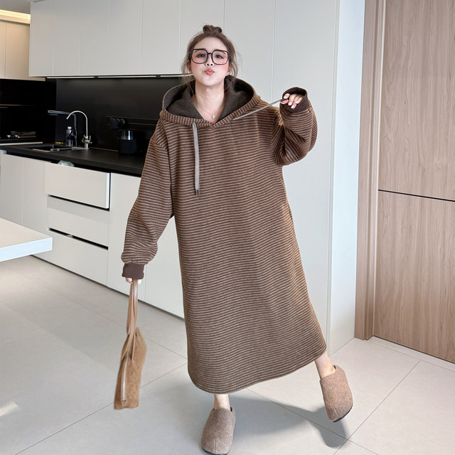 Yuanzijia large size autumn casual versatile color block striped hooded sweatshirt dress for women