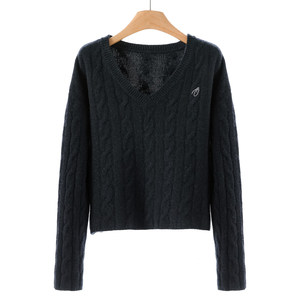 
839 100 Sheep Wool [Blue] Winter Clothes Embroidered V-neck Twist Pattern Short Sweater 417