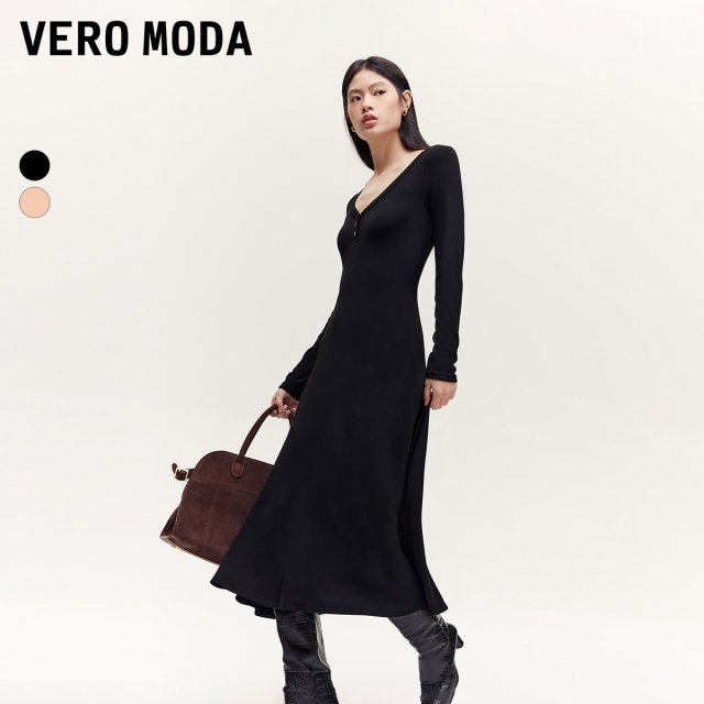 Vero Moda Dress 2024 autumn new V-neck long-sleeved waist-hugging slim long skirt elegant and versatile