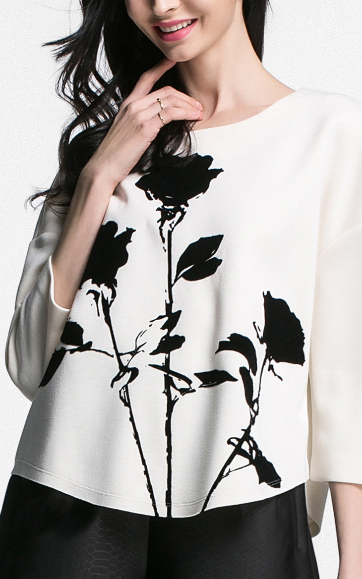 vero moda舒适针织圆领玫瑰印2015时尚花七分袖宽松t