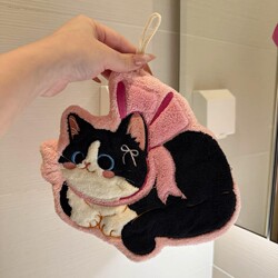 Cute Cat Hand Towel, Hanging Type, Super Absorbent, Thickened, Kitchen and Bathroom Towel, Handkerchief, Coral Fleece Small Square Towel