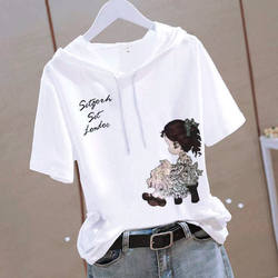 Hooded White Short-Sleeved Sweatshirt for Women, Summer Thin Style 2025 New Loose Slimming Hooded T-Shirt Half-Sleeve Top