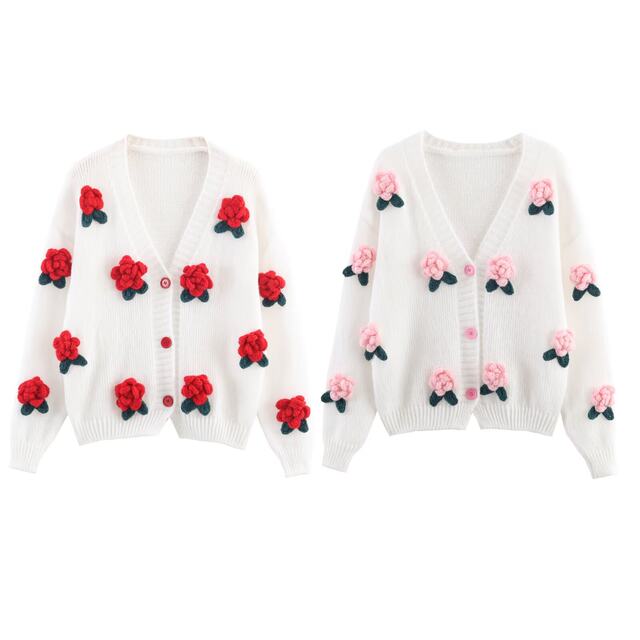 
WMXZ Autumn 2025 New Sweet V Neck Handmade Flower Decoration Casual Knit Cardigan Jacket Women