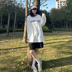 Icereverie national tide loose casual collar solid color casual men's and women's basic printing ICE long -sleeved T -shirt