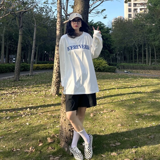 Icereverie national tide loose casual collar solid color casual men's and women's basic printing ICE long -sleeved T -shirt