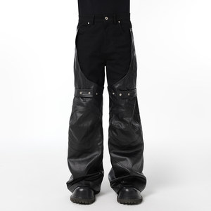 
CHRYSOMALLON deconstructed black wax coated leather pants men's loose straight spliced leggings and knee pads
