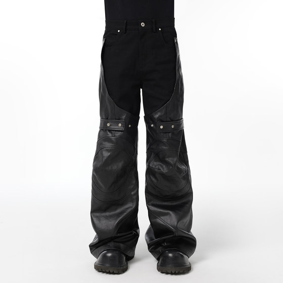 
CHRYSOMALLON deconstructed black wax coated leather pants men's loose straight spliced leggings and knee pads