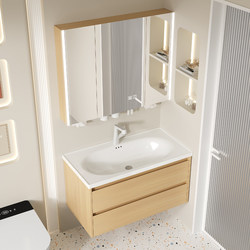 Solid Wood Bathroom Vanity Cabinet Set with Ceramic Washbasin, Wall-Mounted European-Style Washstand