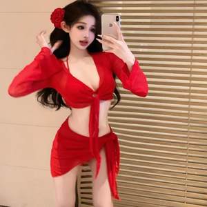 
Women's swimsuit pure red and white sexy hot girl bikini four-piece set split long sleeves to cover the hot spring