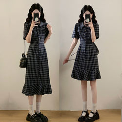 Xiaoxiang Style Plaid Dress with Polo Collar, Regular Shoulder Dress, 2026 Summer, Plus Size, Waist-Cinching, Ruffled Hem Dress