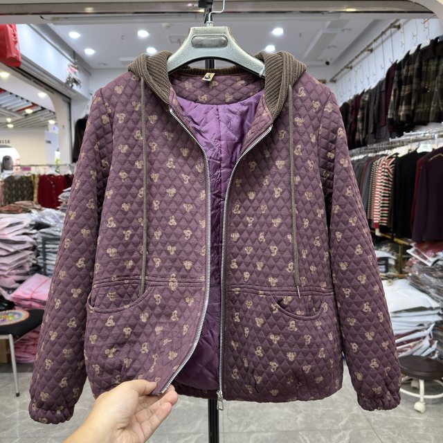 Young mother's hooded quilted printed coat autumn and winter new style foreign style loose casual jacket top for middle-aged and elderly people