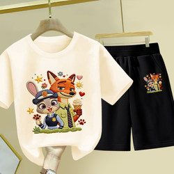 Children's Summer Outfit 2026 New Pure Cotton Zootopia T-Shirt Short-Sleeved Boys and Girls Sports Two-Piece Set