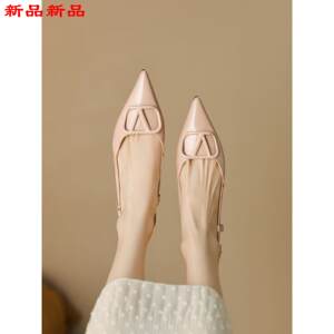 
Empty single shoes V-buckle back flat shoes Fairy 2024 versatile pointed toe women's spring and summer sandals genuine leather French style Baotou