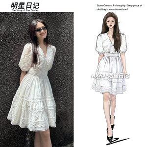 
Li Landi's same French white hollow A-line dress for women with waist-hugging slimming design lace lace skirt