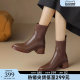 ST/SAT/Saturday's retro wool routing short boots female middle heel heel naked boots autumn and winter elastic brown leather boots