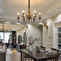 American Retro Living Room Chandelier, Bedroom Dining Room French Country Solid Wood Vintage Candle Study Lamp, Wabi-Sabi Style Lamp