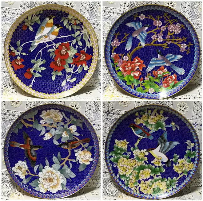 中国景泰藍焼七宝 牡丹鷹雀花鳥文飾皿