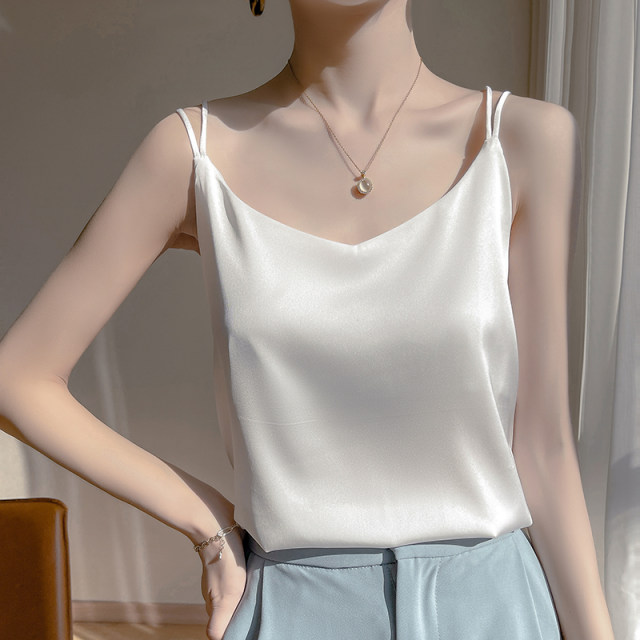 Sling vest female with white beauty -backed acetic acid simulation silk top satin Summer suit imitation mulberry silk bottoming shirt
