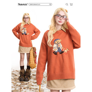 
NERESUM fun cartoon jacquard pullover sweater for women American retro lazy style loose slim knitted sweater