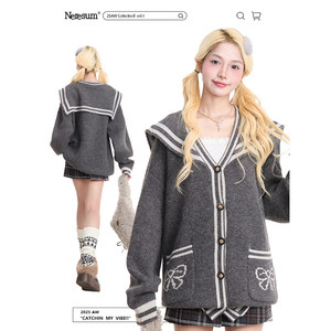 
NERESUM retro navy collar cardigan sweater for women autumn and winter college style high-end loose knitted sweater jacket