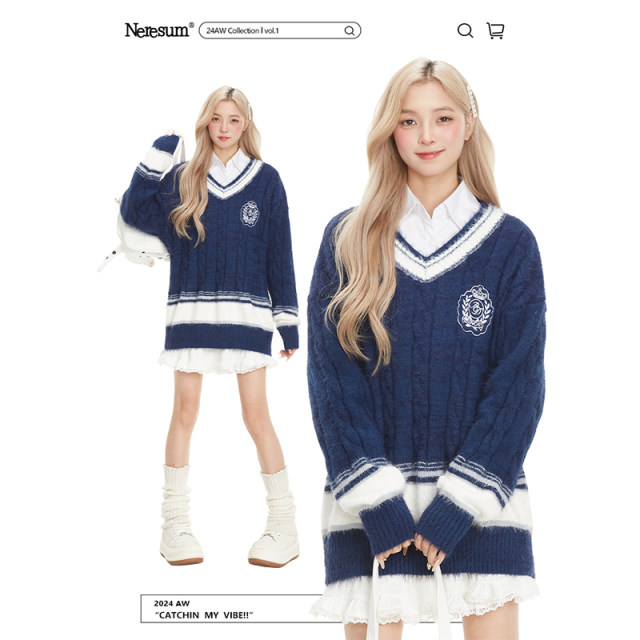 NERESUM American retro college style V-neck pullover sweater for women in autumn and winter lazy atmosphere sweet knitted sweater