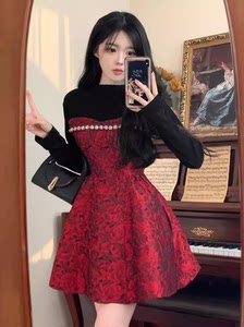 大码法式假两件连衣裙女2025秋冬新款胖妹妹高腰显瘦小香风蓬蓬裙