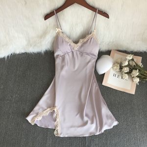 
Pajamas sexy summer girls ice silk lace pure desire style with chest pad solid color slit suspender spring and autumn thin nightgown