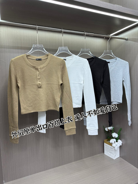 
Original women's clothing 2025 spring new round neck long-sleeved bottoming shirt women's button slim top