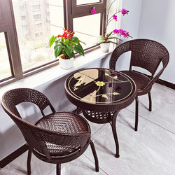 Balcony Table and Chair Set with Rattan Chair, Three-Piece Leisure Small Coffee Table, Living Room Outdoor Single Backrest Swivel Chair, Home Combination Set
