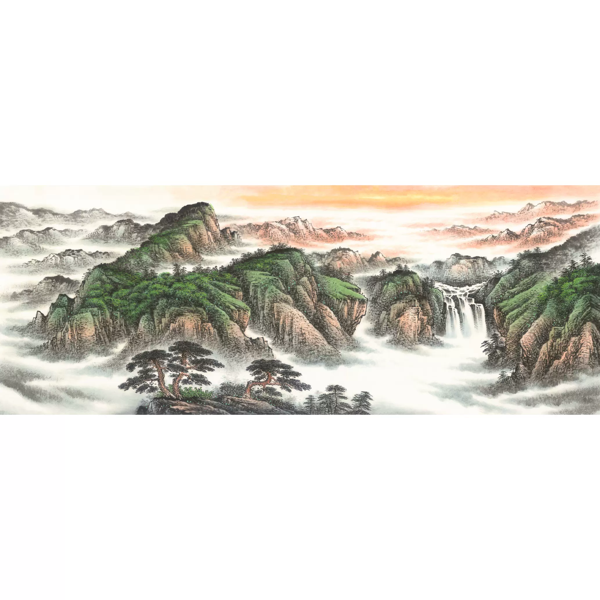 小六尺横幅国画精品山水【云海青山】未装裱印刷品装饰画T
