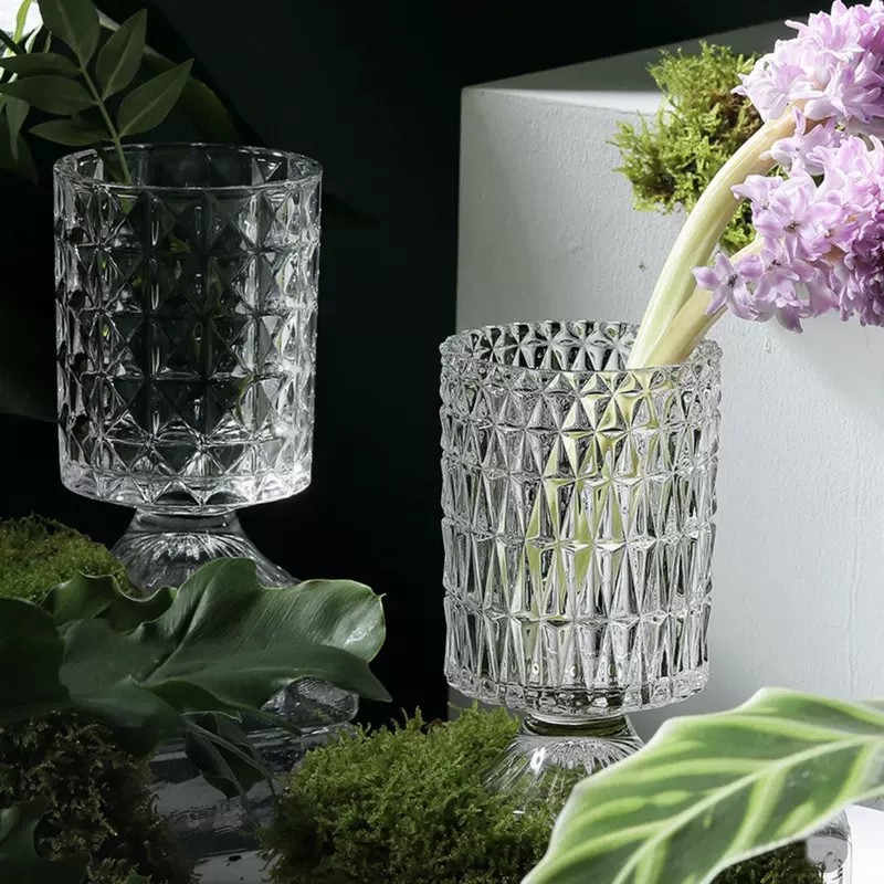 浮雕玻璃花瓶法式高脚透明花器现代时尚水培容器家居桌面装饰