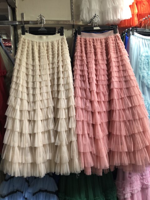 Niche layered ruffled mesh cake skirt floor-moving long skirt autumn and winter super fairy sweet gauze skirt a line puffy skirt