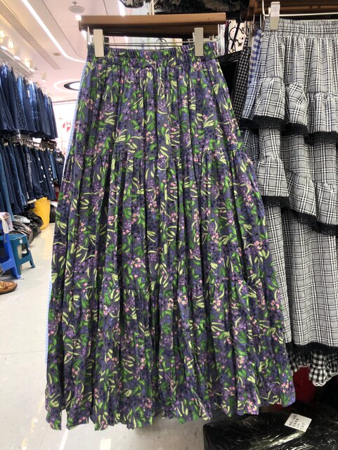 Purple floral chiffon skirt for women in summer flowing long skirt for slim A-line mid-length pleated print skirt