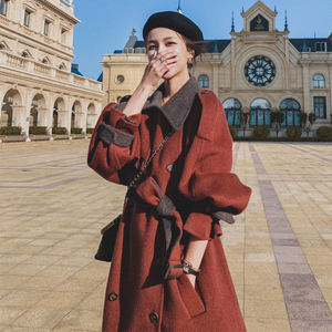 
Women's mid-length 2025 winter new Hepburn style Korean loose thickened red tweed coat