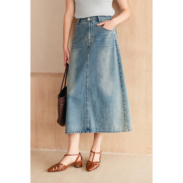 HeyDress retro washing denim skirt women's summer straight slit skirt high waist slim blue skirt