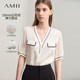 AMII2024 new summer French small incense, short -sleeved T -shirt light luxury V -neck real silk top female contrasting color