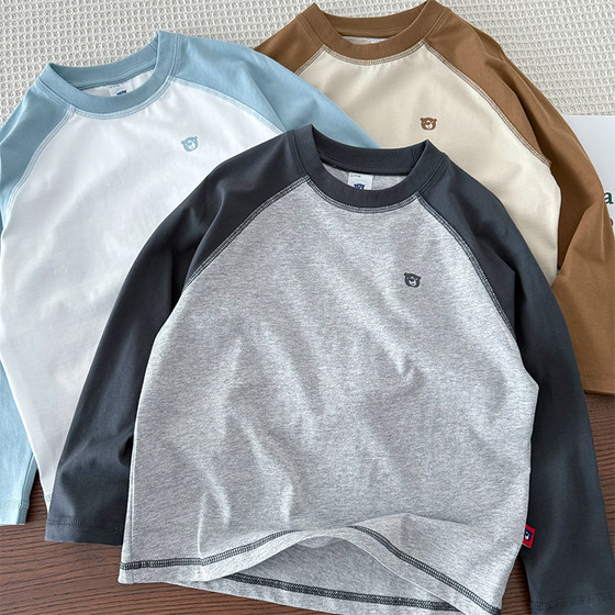 
Category A boys' pure cotton bottoming shirt ~ medium and large children's contrasting round neck long-sleeved T-shirt boys' raglan sleeve tops spring and autumn