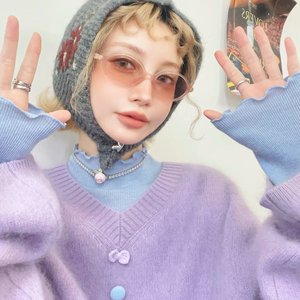 
milktina customization | One-week color charging plan dreamy V-neck winter sheep wool loose purple sweater for women