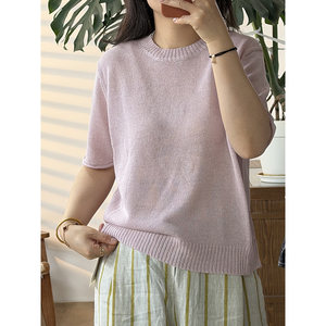 
Popular versatile loose round neck short-sleeved Japanese paper yarn knitted top for women 26038